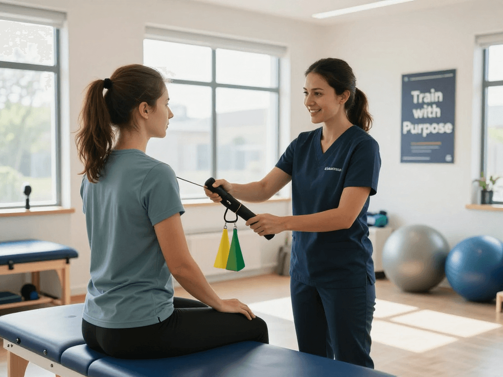Patient receiving Scarborough Maine Physical Therapy in a bright, supportive clinic environment.
