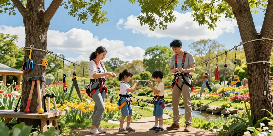 Creative Rope Bridge design project with family tying knots outdoors.