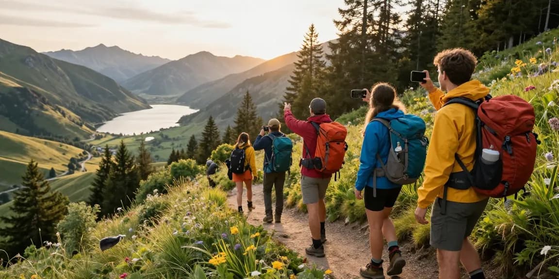 Hikers enjoying the Motchill experience on a scenic mountain trail during golden hour.