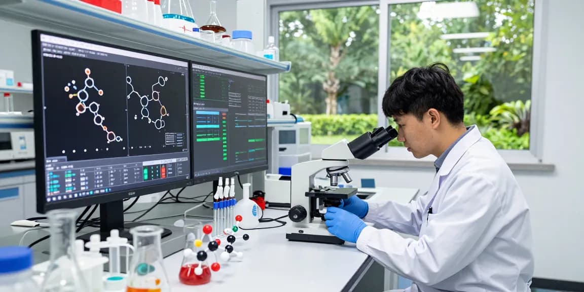 Copper peptide research in a health science lab with a researcher examining compounds under a microscope amidst modern equipment.