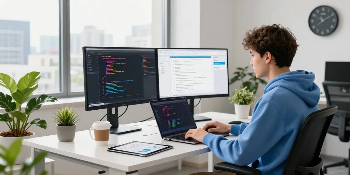 Developer coding with NAGA2000 analysis tools in a bright office.