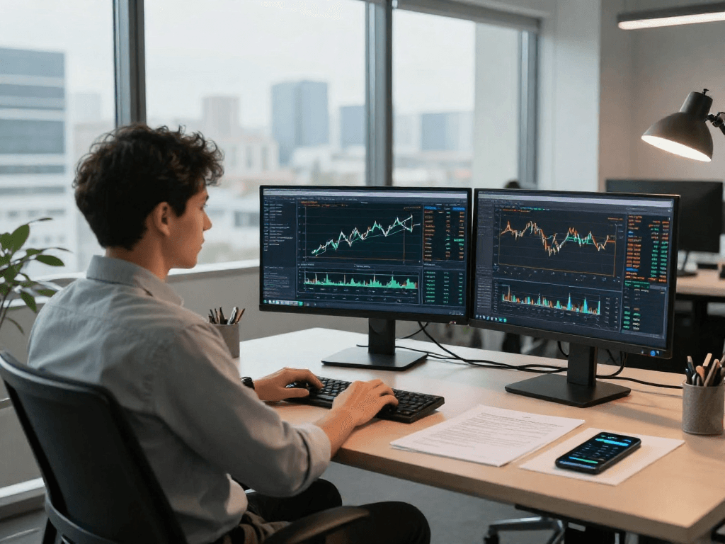 交易者在使用metatrader 5进行市场分析的现代化办公环境,显示丰富的图表和市场深度数据。