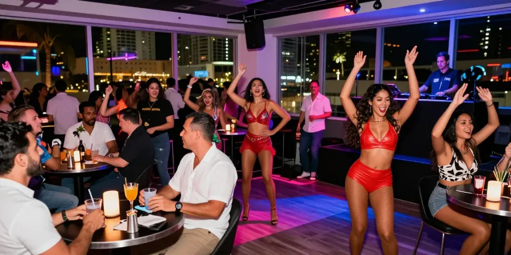Exciting nightlife scene featuring strippers in Mia entertaining vibrant audience.
