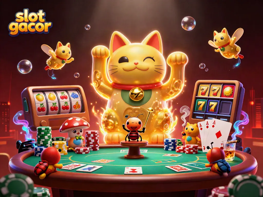 Experience jackpot excitement with slot gacor symbols and a lucky cat in this neon-lit casino scene.