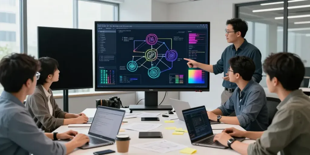 Team collaborating on Enterprise AI strategy with data visualizations and AI models in a modern tech workspace