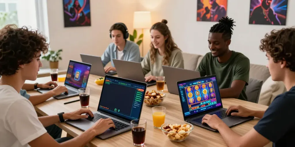 Friends enjoying raja slot games in a cozy gaming environment, showcasing excitement and social interaction.