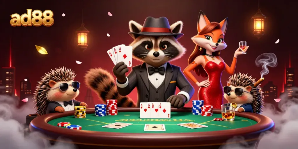 Enjoy thrilling poker moments with ad88 as a suave raccoon and his stylish companions gamble at a vibrant table.