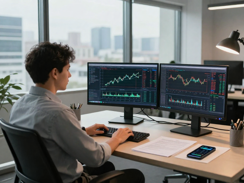 交易者在使用metatrader 5进行市场分析的现代化办公环境，显示丰富的图表和市场深度数据。