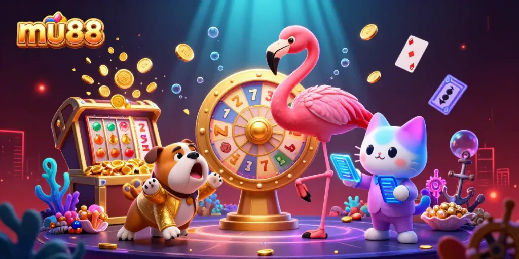Experience the thrill of winning with mu88 through an exciting casino scene full of slot elements and vibrant characters.