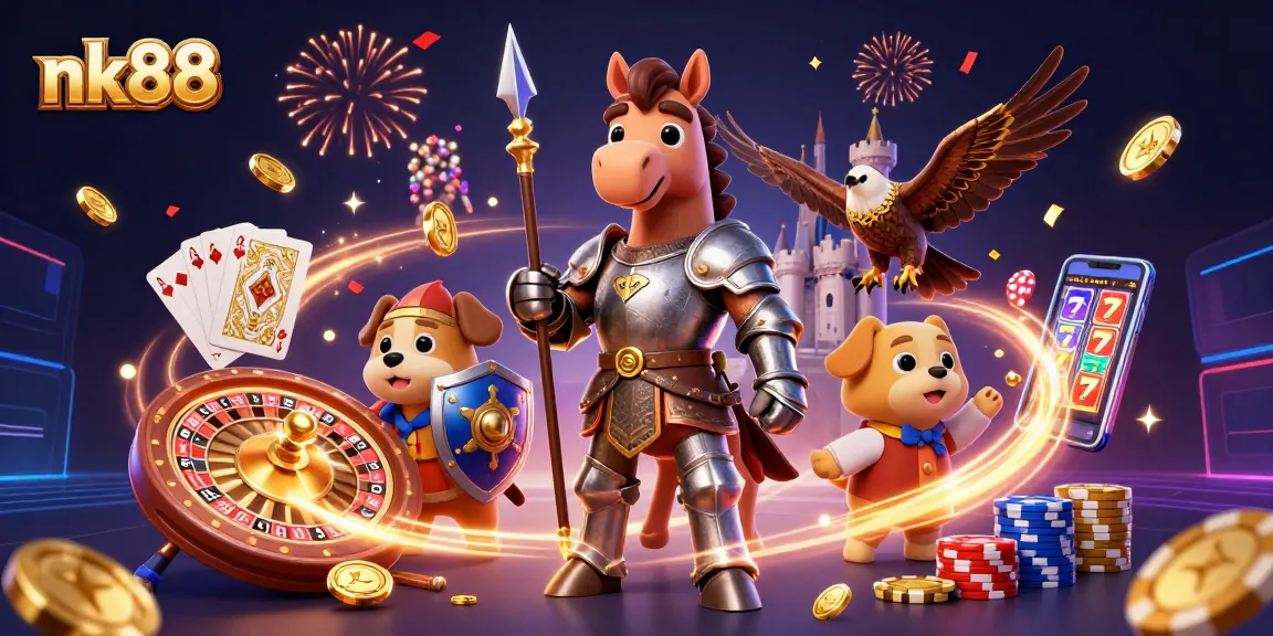 Spin to win with nk88 - a vivid illustration of celebrating characters amidst flying coins, chips, and slots.