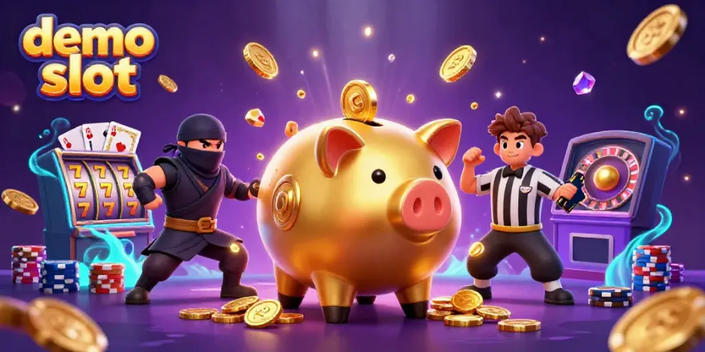 Game demo slot yang menggoda dengan karakter unik seperti sumo dan ninja dalam suasana kasino yang meriah.