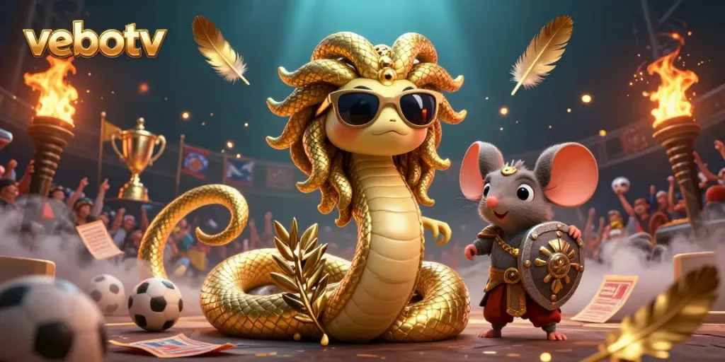 Experience vebotv's thrilling sports betting scene with Medusa and a warrior mouse in a vibrant stadium.