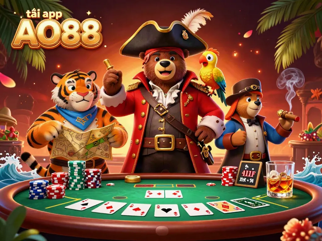 Engage with the vibrant scene of a pirate captain bear and tiger first mate at a poker table, highlighting tải app AO88 and the thrill of online gambling.