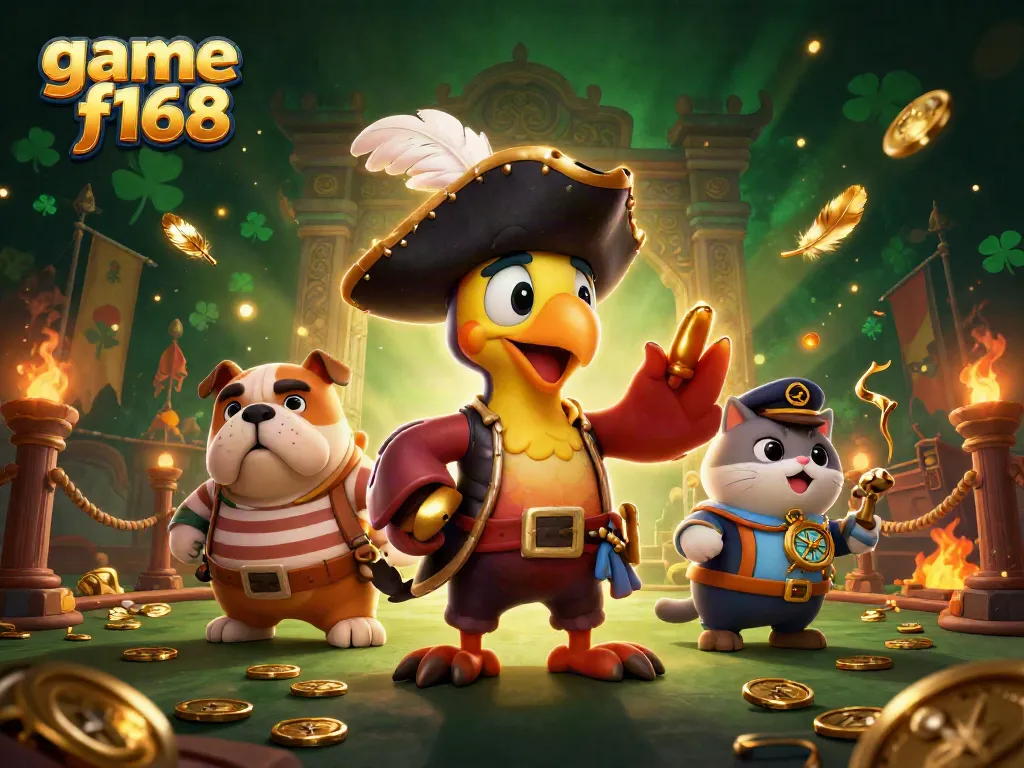 Engage with game f168 featuring a vibrant pirate scene with characters and gambling elements.