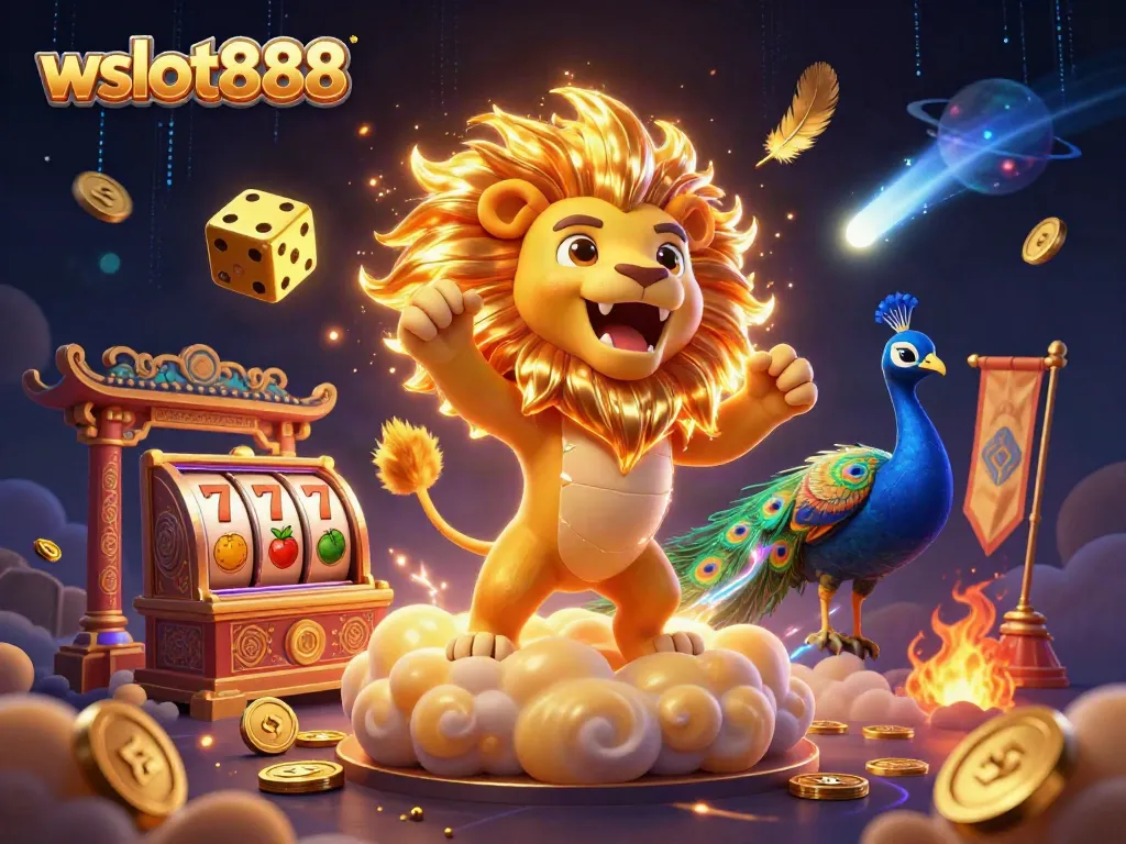 wslot888 menampilkan singa matahari 3D bersinar dalam suasana kasino penuh warna, dipenuhi elemen permainan slot.