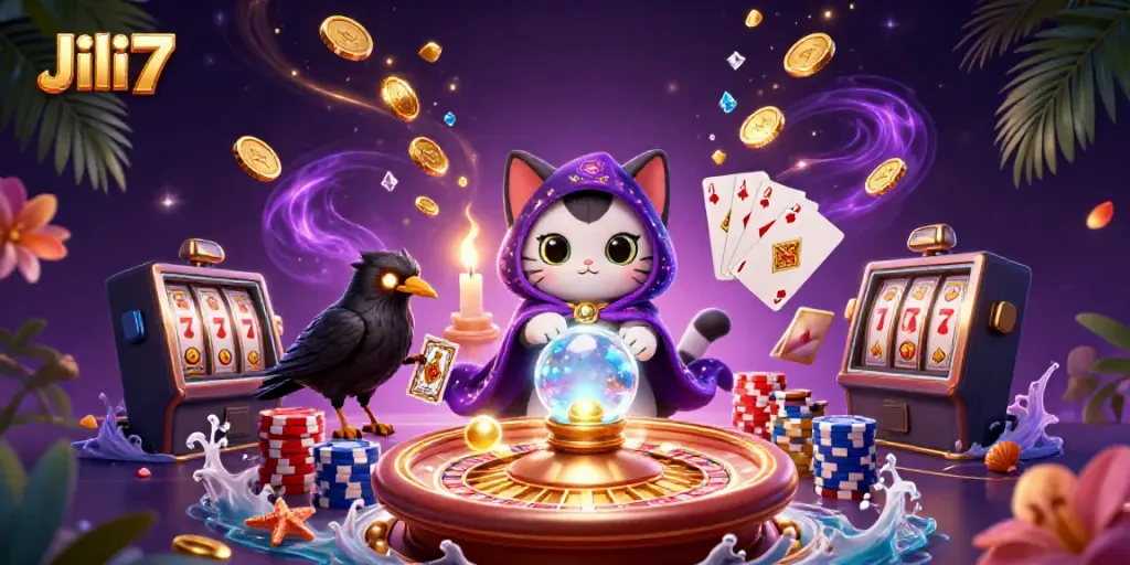 Win exciting rewards with Jili7 in this captivating casino-themed illustration.
