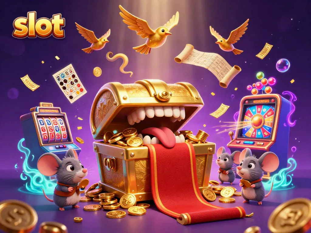 Slot mesin mengeluarkan bola bernomor di tengah kaset emas dan karakter lain dalam suasana yang penuh warna.