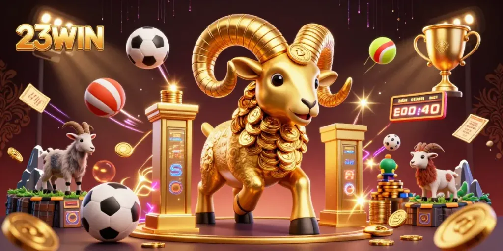 Experience thrilling action with 23WIN's casino gaming—golden ram charging with sports elements.