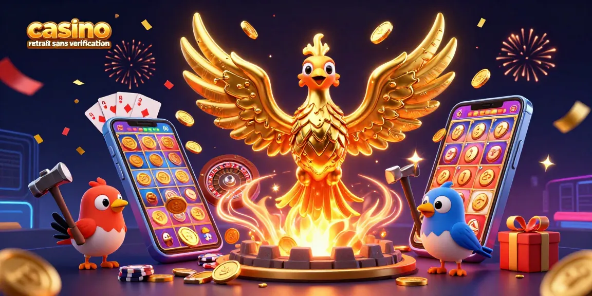 Jouez au casino retrait sans vérification avec des gains rapides, illustré par un phœnix doré et des jeux variés.