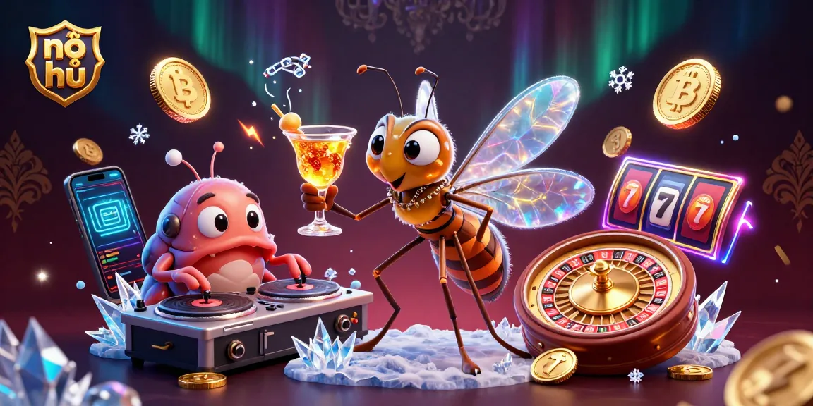 Engage with nổ hũ slots through a vibrant casino scene featuring creative characters and digital currency elements.