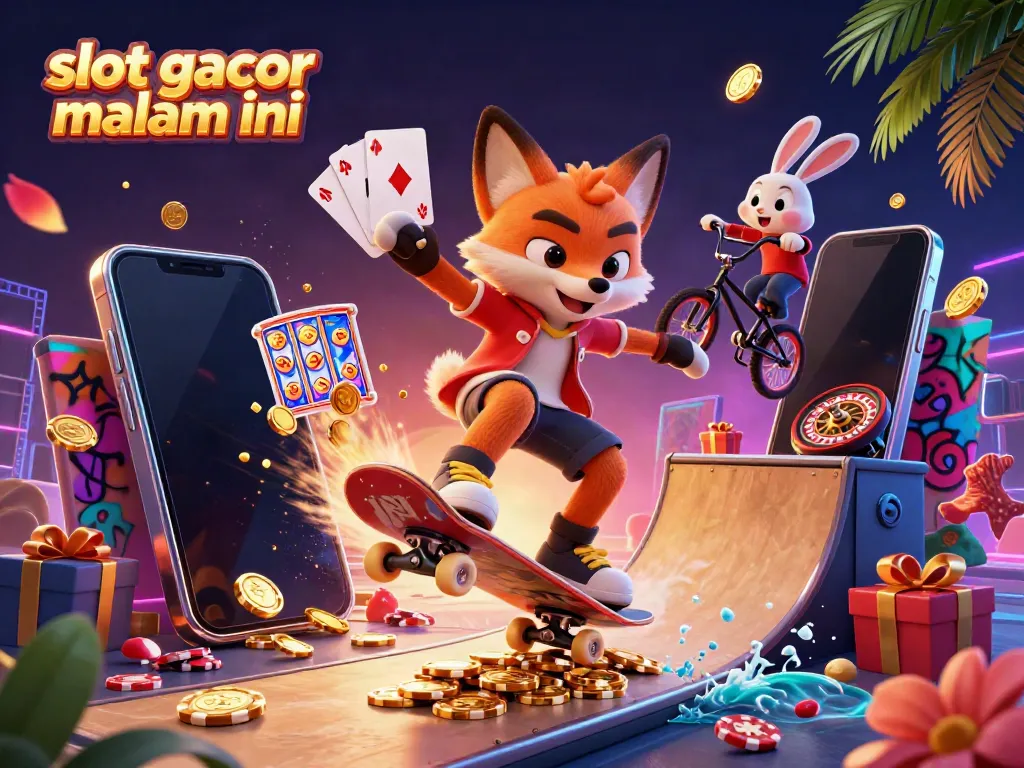 Menampilkan slot gacor malam ini dengan rubah dan kelinci di lingkungan kasino yang ceria.