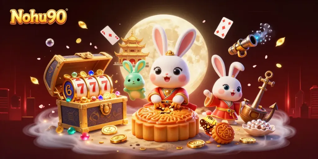 Nohu90 promotes exhilarating gambling with a rabbit character revealing poker chips and slot machines.