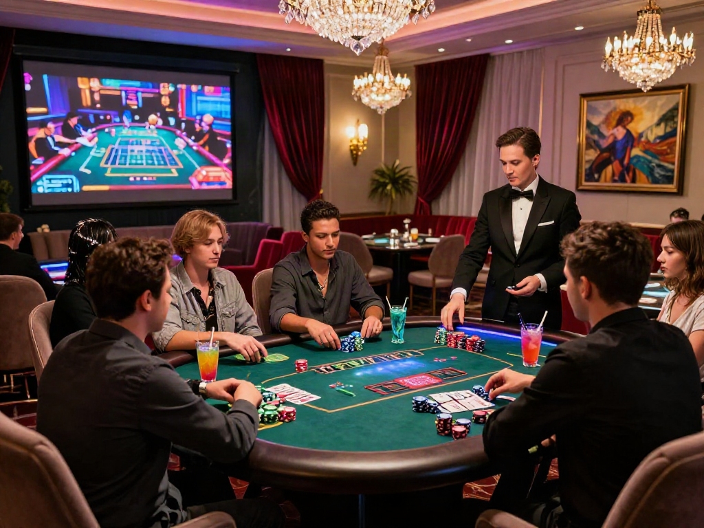 Pengalaman kasino online luxury12 dengan pemain elegan di meja poker yang mewah, suasana glamor dan cahaya berwarna-warni.