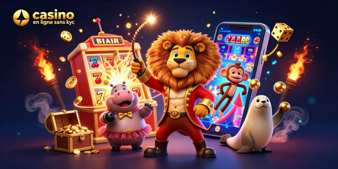 Capture d'une scène dynamique de casino en ligne sans KYC avec un lion, un hippopotame, un singe et un phoque entourés de jeux de casino.