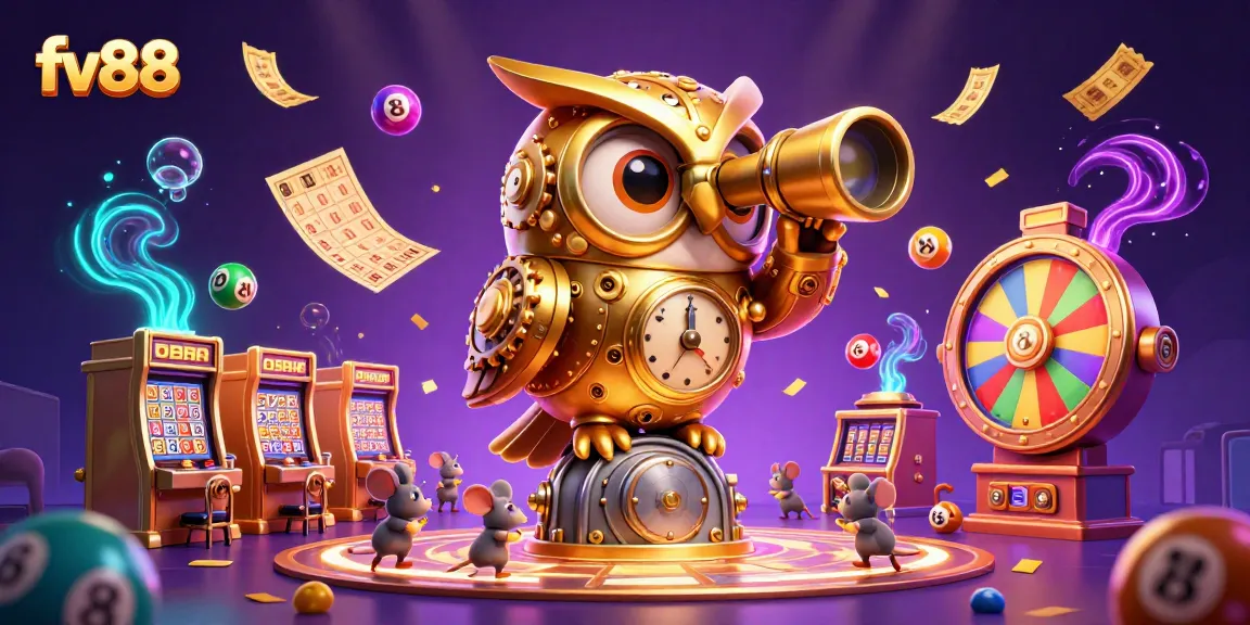 Experience thrilling gameplay at fv88 where a golden owl oversees a vibrant casino scene filled with games and excitement.