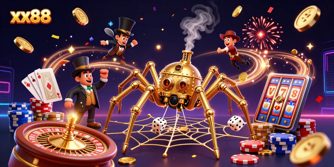 Experience thrilling gameplay at xx88 with a vibrant 3D casino celebration featuring golden spider and dynamic game elements.