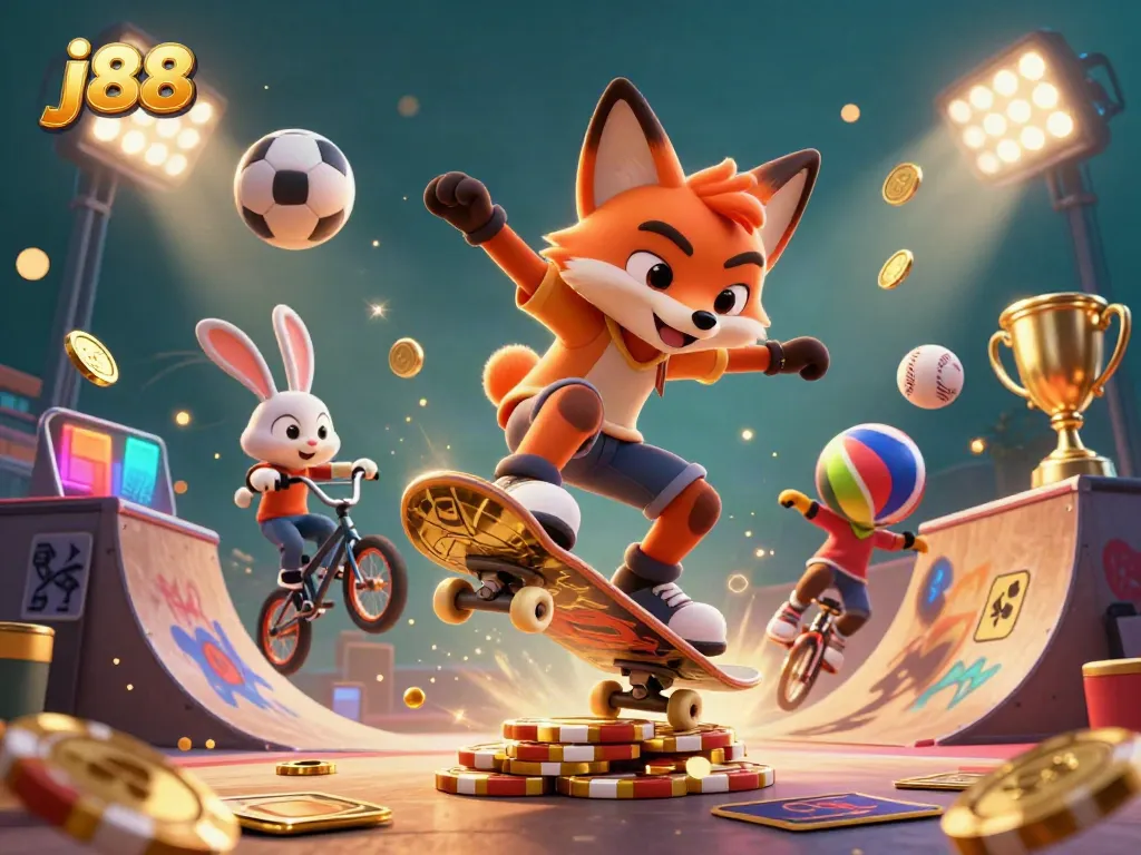 Engaging j88 casino illustration with a fox and rabbit amidst dynamic betting elements.