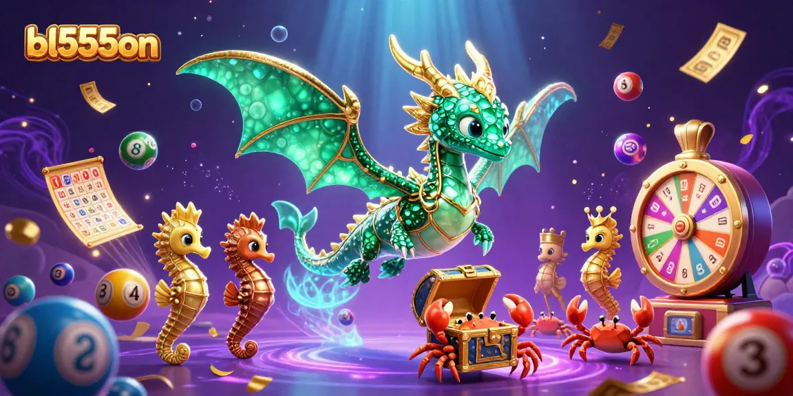 Join the excitement at bl555on with vibrant lottery balls and a majestic sea dragon in a thrilling casino scene.