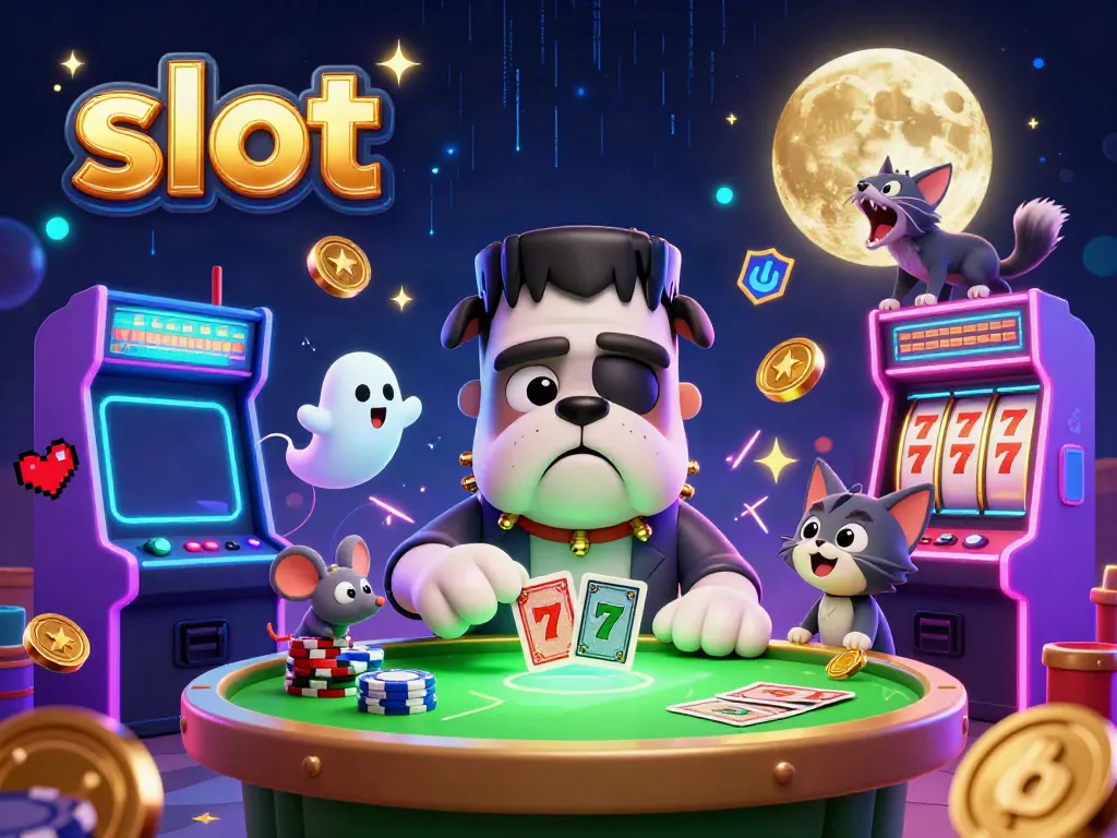 Bermain slot dengan anjing Frankenstein dan kucing werewolf di atas meja kartu di DEWATASLOT888.