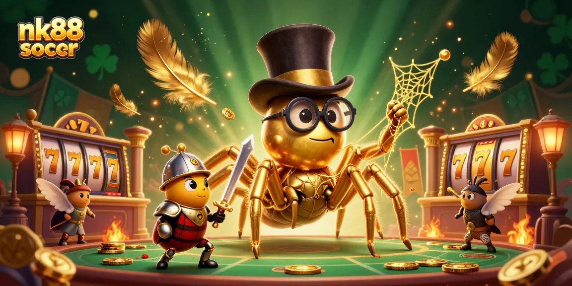 Engage with thrilling adventure at nk88 soccer, where a golden tarantula spins luck amidst coins and slot reels.
