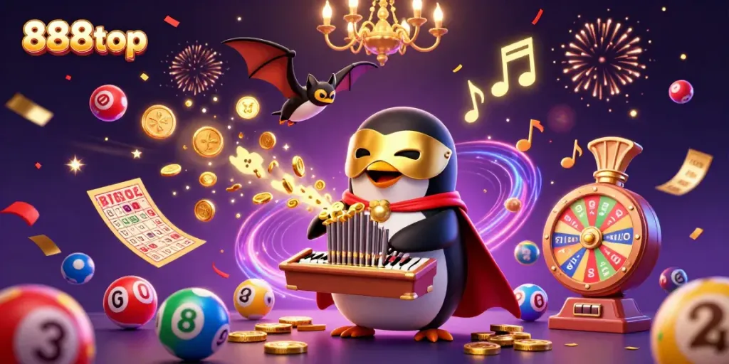 Celebrate winning at 888top with a magical 3D casino scene featuring the phantom penguin and vibrant slots elements.