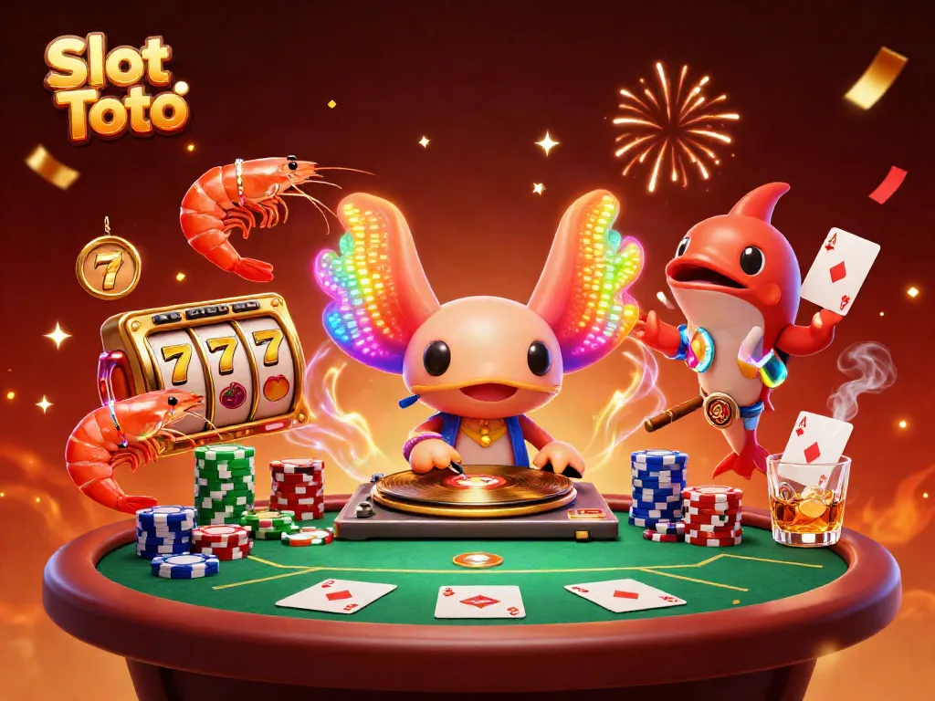 Rasakan keseruan Slot Toto dengan DJ axolotl neon dan simbol slot yang menari dalam suasana meriah.