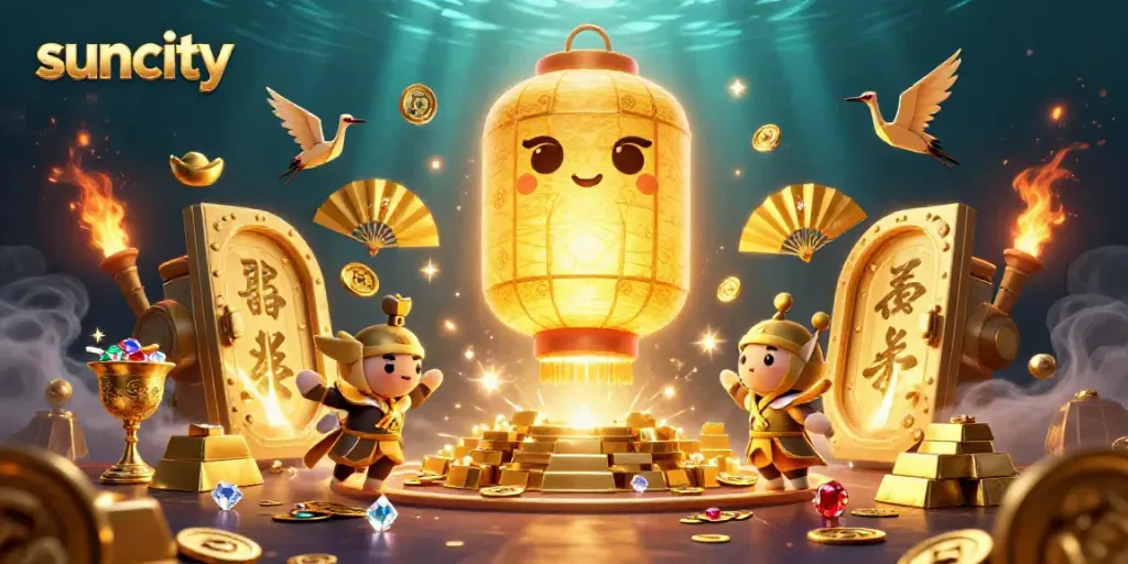 Experience winning moments with Suncity's magical casino-themed illustration featuring golden treasures.