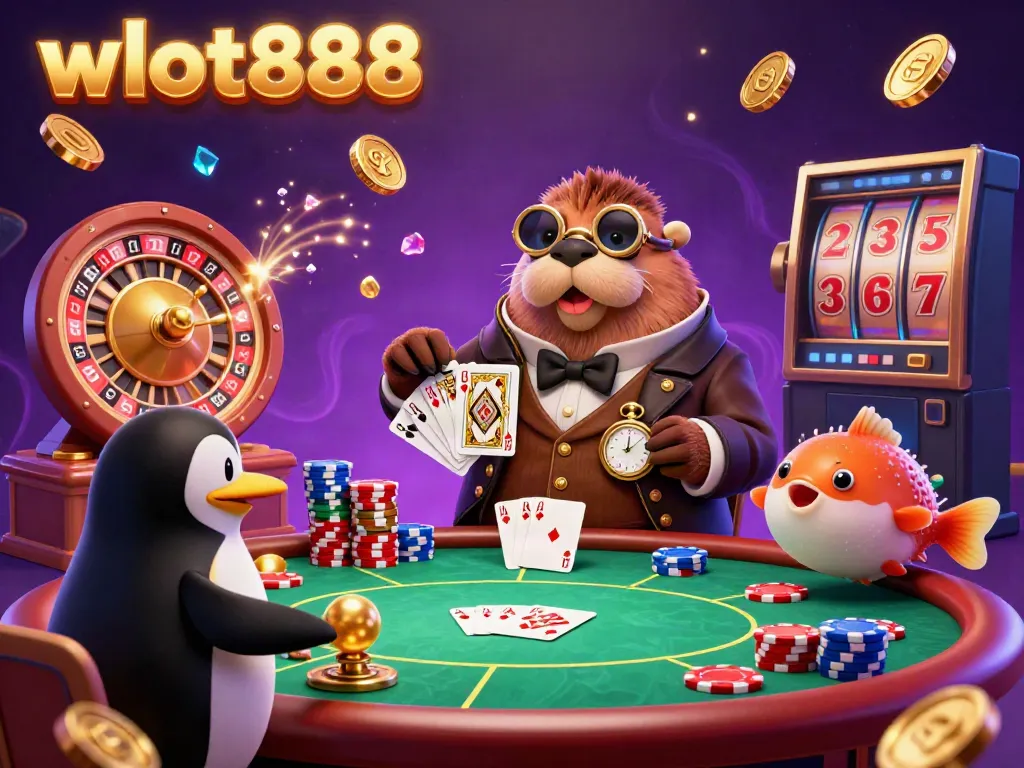 Menyaksikan permainan poker di WSLOT888 yang dikelilingi oleh koin emas dan perhiasan berkilau.