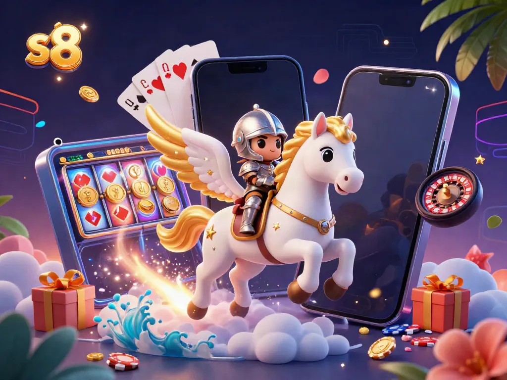 Experience the excitement of s8 with a magical horse and knight amidst vibrant casino elements.