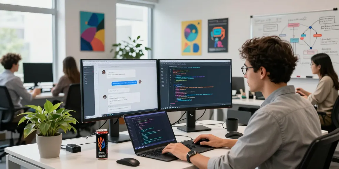AI chatbot development environment with software engineer coding and dual monitors showing chatbot interfaces.