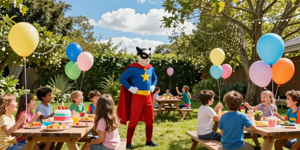 Children enjoying a party with superhero characters near me, vibrant decorations and joyful moments.