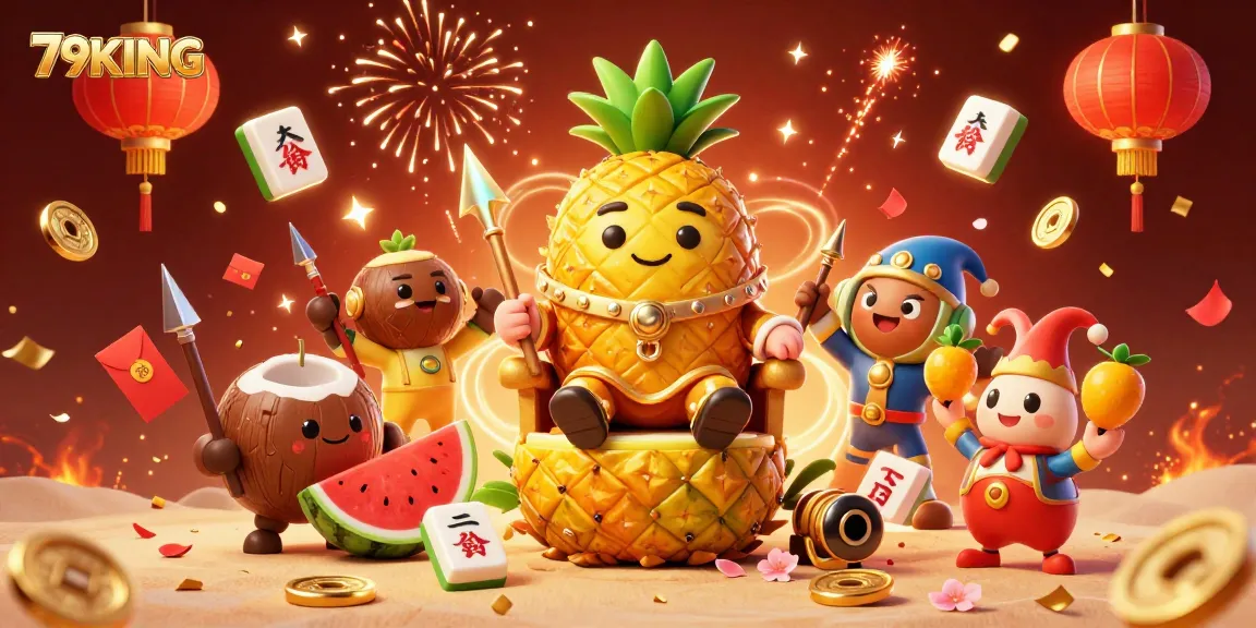 Experience the thrilling casino festivities with 79KING's golden pineapple king amidst fireworks and gaming symbols.