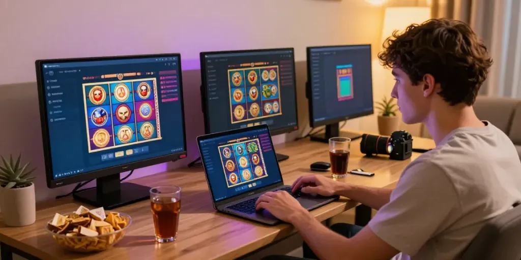 Player enjoying a slot game on laptop in a cozy setup