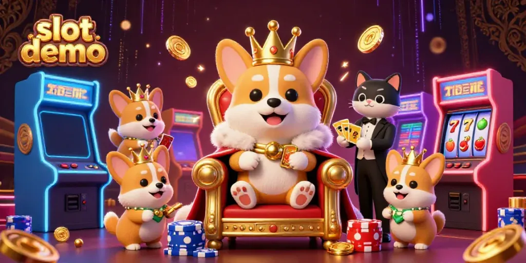 Demo slot menggoda pemain dengan corgi kerajaan dan elemen kasino yang kaya di sekitar.
