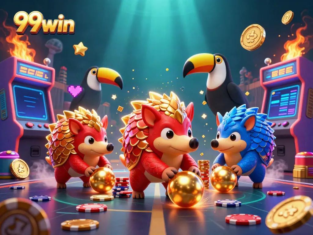 Experience thrilling gambling action in 99win with interactive pangolin characters amidst vibrant casino elements.