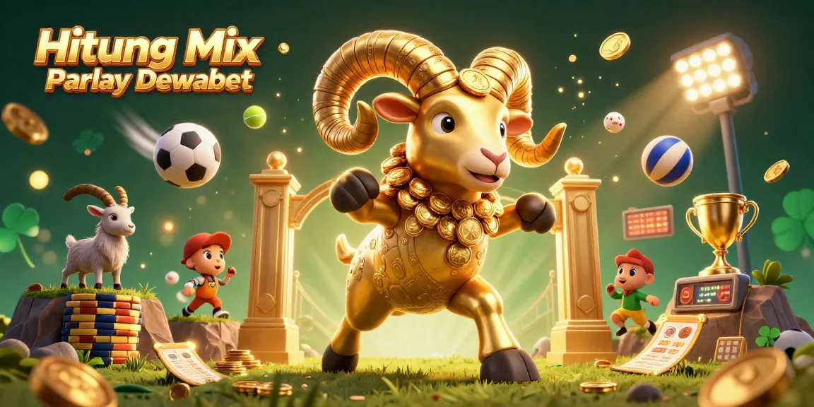 Engage in Hitung Mix Parlay Dewabet betting techniques with dynamic sports elements and a golden ram mascot.