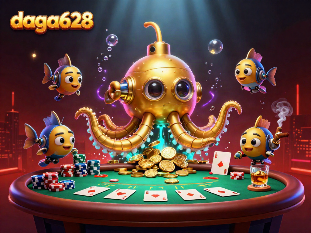 Engage with daga628’s vibrant casino atmosphere featuring a kraken submarine and poker elements.
