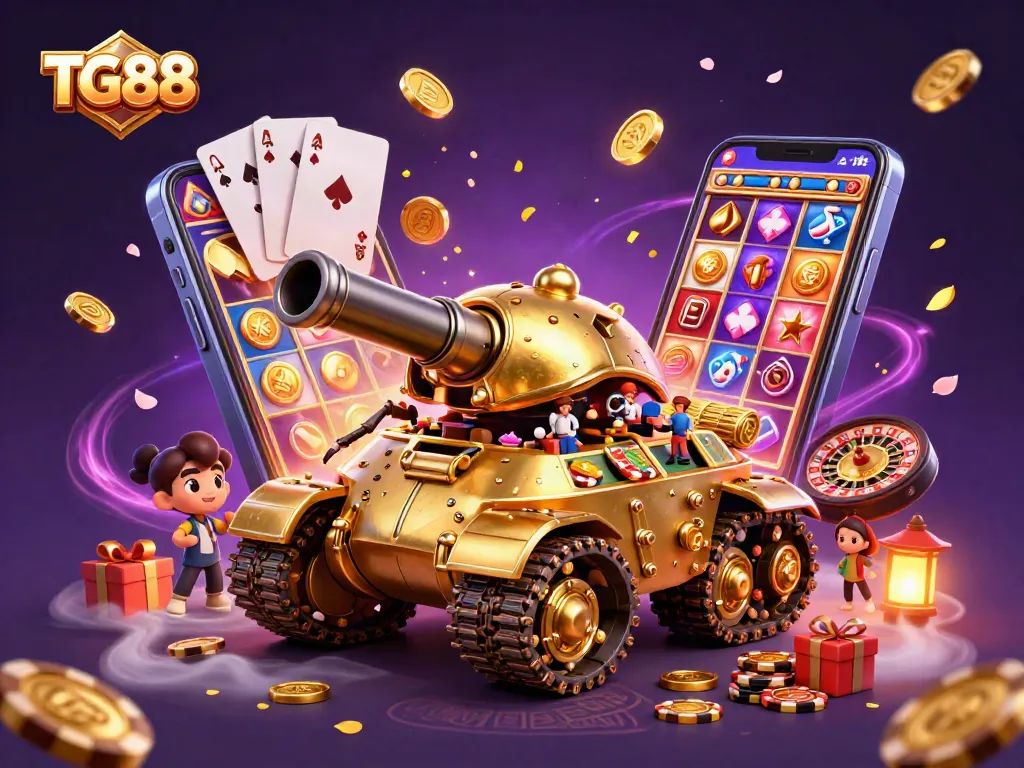 Engage with TG88's vibrant mini-casino inside a golden beetle tank showcasing a bustling gambling scene.