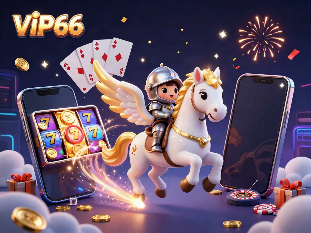 Experience the magic of VIP66 with vibrant casino elements and a whimsical knight on a galloping celestial horse.