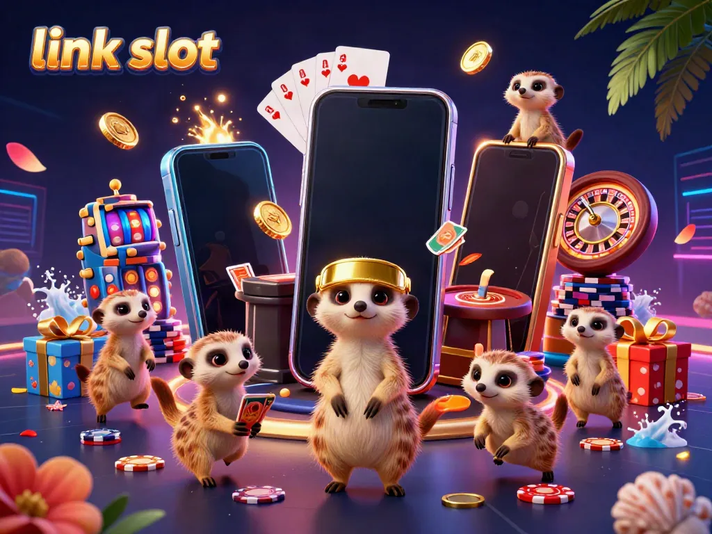 Engaging meerkats showcasing a link slot gaming scene with vibrant casino elements and dynamic action.
